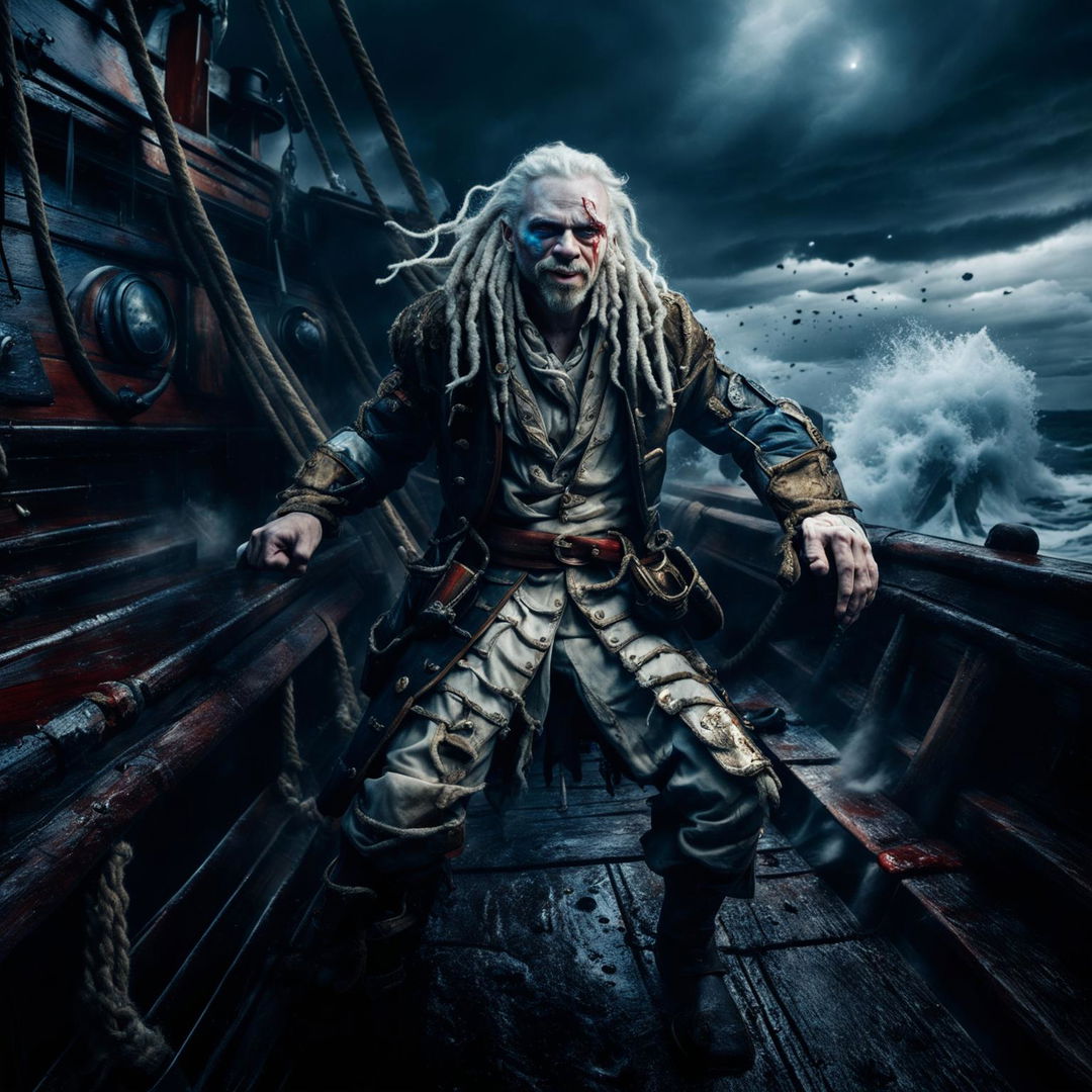 Albino pirate with white dreads strutting on ship deck amidst stormy sea, holding a blood-dripping sword and pointing a pistol at the camera