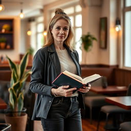 A confident woman aged 30 and over, standing elegantly in a cozy café with an upright posture