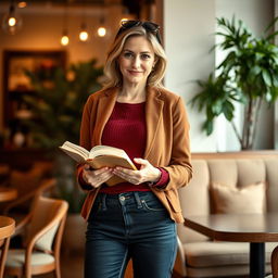 A confident woman aged 30 and over, standing elegantly in a cozy café with an upright posture