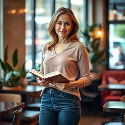 A confident woman aged 30 and over, standing elegantly in a cozy café with an upright posture
