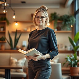 A confident woman aged 30 and over, standing elegantly in a cozy café with an upright posture