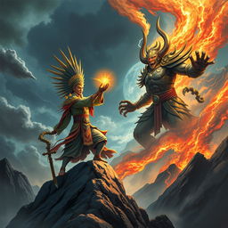 A fierce and captivating scene illustrating the Mountain God of Vietnam engaged in a dramatic battle with a powerful Demon God