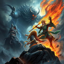 A fierce and captivating scene illustrating the Mountain God of Vietnam engaged in a dramatic battle with a powerful Demon God