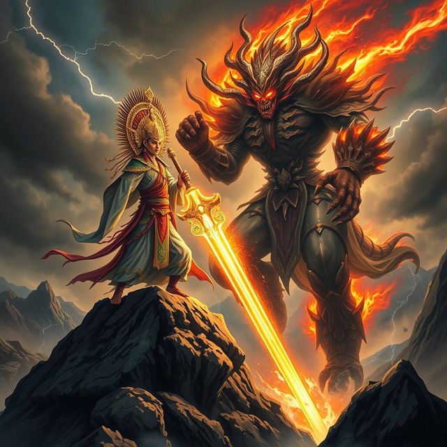 A fierce and captivating scene illustrating the Mountain God of Vietnam engaged in a dramatic battle with a powerful Demon God