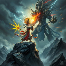 A fierce and captivating scene illustrating the Mountain God of Vietnam engaged in a dramatic battle with a powerful Demon God