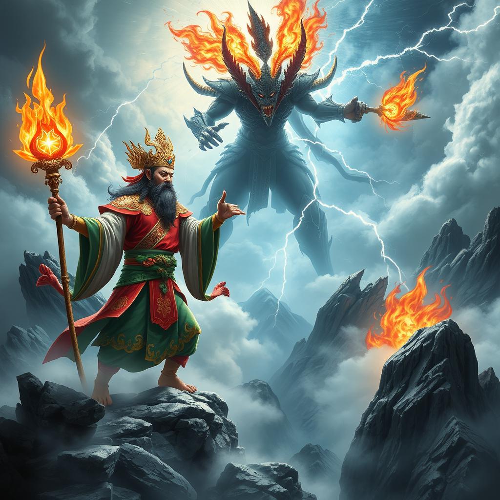 A dramatic and mythical scene depicting the Mountain God of Vietnam locked in battle with a terrifying Demon God