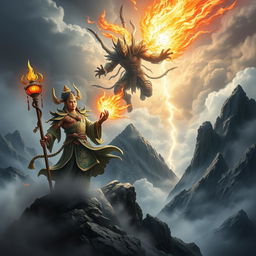 A dramatic and mythical scene depicting the Mountain God of Vietnam locked in battle with a terrifying Demon God