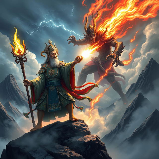 A dramatic and mythical scene depicting the Mountain God of Vietnam locked in battle with a terrifying Demon God