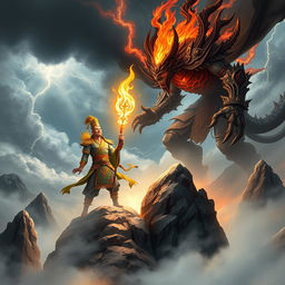 A dramatic and mythical scene depicting the Mountain God of Vietnam locked in battle with a terrifying Demon God