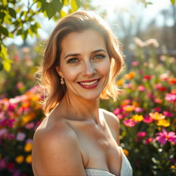 A woman aged 30 and over with beautiful skin and natural makeup, posing gracefully in front of a blooming garden