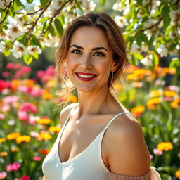 A woman aged 30 and over with beautiful skin and natural makeup, posing gracefully in front of a blooming garden