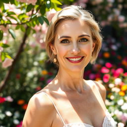 A woman aged 30 and over with beautiful skin and natural makeup, posing gracefully in front of a blooming garden