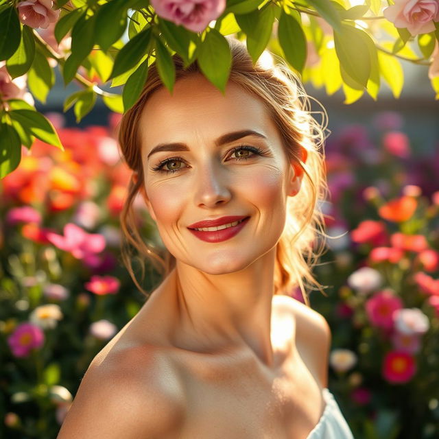 A woman aged 30 and over with beautiful skin and natural makeup, posing gracefully in front of a blooming garden