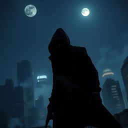 A mysterious espionage scene set during a dark night, featuring a sleek, shadowy figure clad in a tactical outfit, stealthily navigating through an urban environment under the moonlight