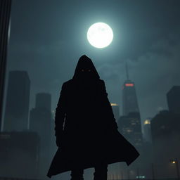 A mysterious espionage scene set during a dark night, featuring a sleek, shadowy figure clad in a tactical outfit, stealthily navigating through an urban environment under the moonlight
