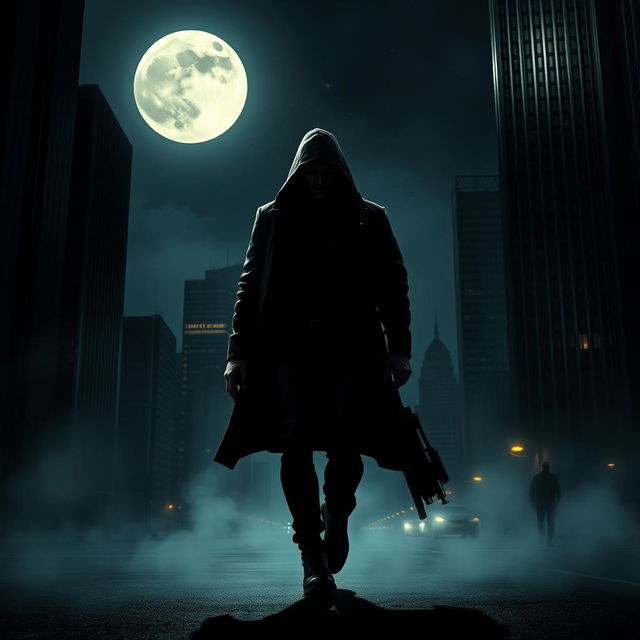 A mysterious espionage scene set during a dark night, featuring a sleek, shadowy figure clad in a tactical outfit, stealthily navigating through an urban environment under the moonlight