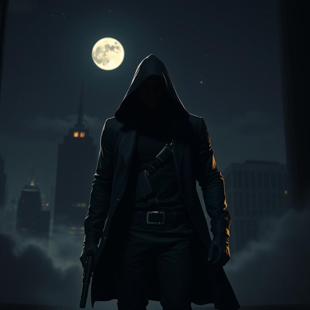 A mysterious espionage scene set during a dark night, featuring a sleek, shadowy figure clad in a tactical outfit, stealthily navigating through an urban environment under the moonlight