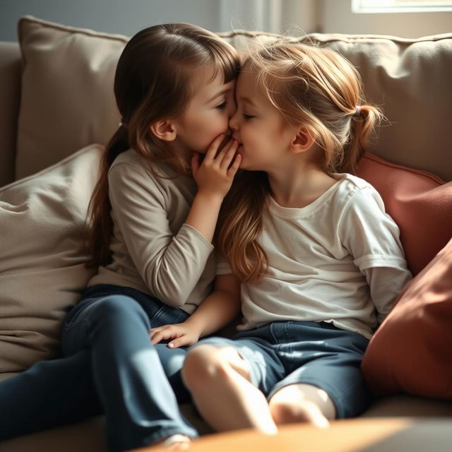 A scene featuring two beautiful young girls sitting closely on a sofa, sharing a gentle and innocent kiss