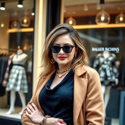 A woman aged 30 and over, posing confidently in front of a trendy boutique