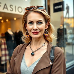 A woman aged 30 and over, posing confidently in front of a trendy boutique