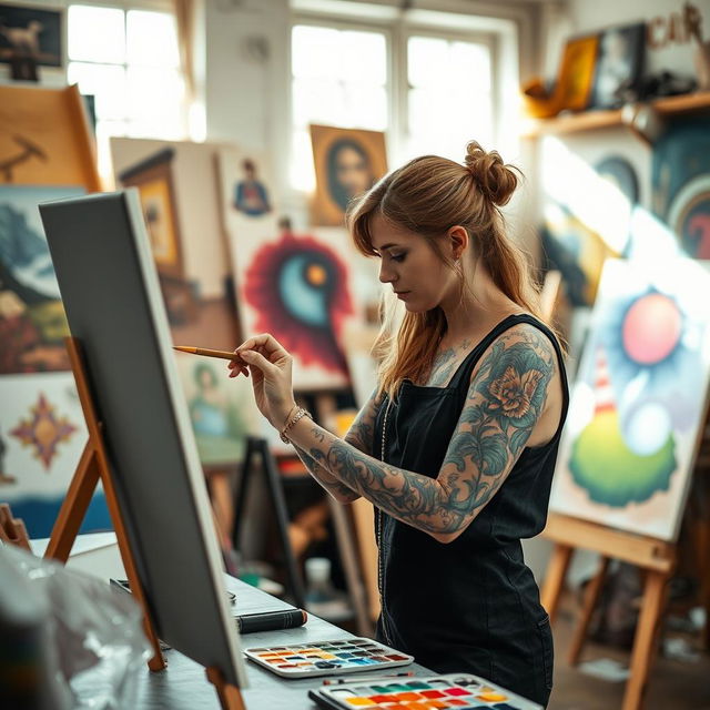 A creative woman aged 30 and over, adorned with artistic tattoos, diligently working on a painting in her artistic studio