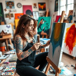 A creative woman aged 30 and over, adorned with artistic tattoos, diligently working on a painting in her artistic studio