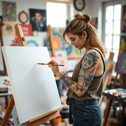 A creative woman aged 30 and over, adorned with artistic tattoos, diligently working on a painting in her artistic studio