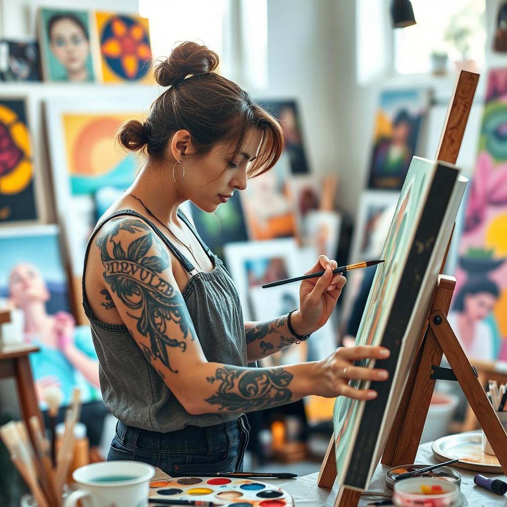 A creative woman aged 30 and over, adorned with artistic tattoos, diligently working on a painting in her artistic studio