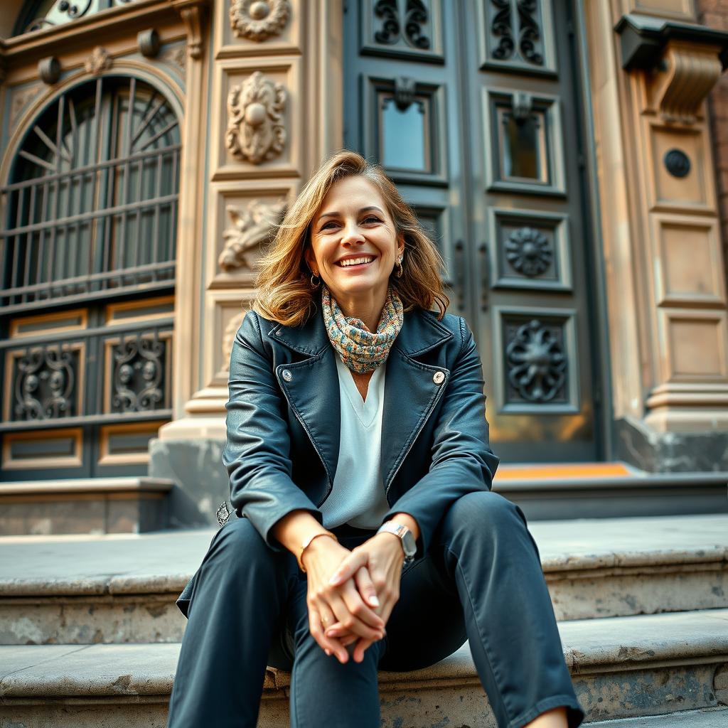 A woman aged 30 and over with a bright smile and open, friendly gaze, sitting on the steps of a vintage building