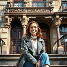 A woman aged 30 and over with a bright smile and open, friendly gaze, sitting on the steps of a vintage building