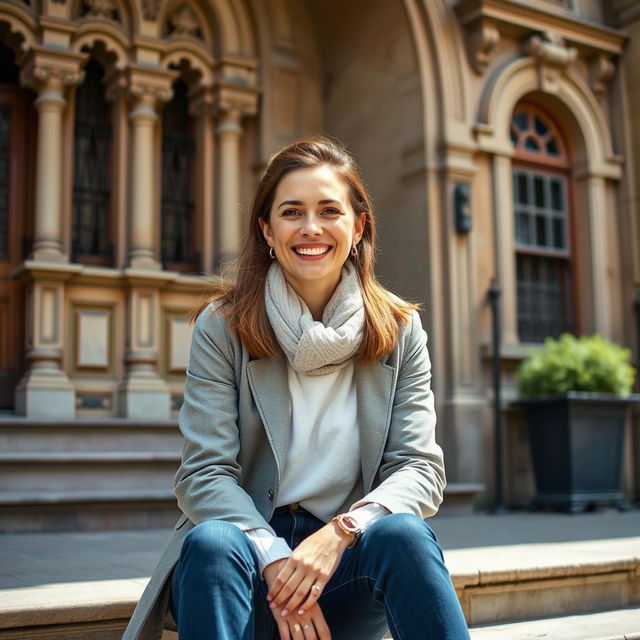 A woman aged 30 and over with a bright smile and open, friendly gaze, sitting on the steps of a vintage building