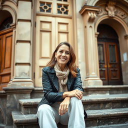 A woman aged 30 and over with a bright smile and open, friendly gaze, sitting on the steps of a vintage building