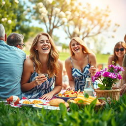 A young woman aged 30 and over, embodying a great sense of humor, laughing joyfully at a picnic