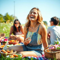 A young woman aged 30 and over, embodying a great sense of humor, laughing joyfully at a picnic