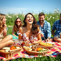 A young woman aged 30 and over, embodying a great sense of humor, laughing joyfully at a picnic
