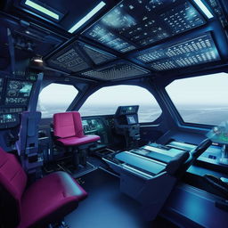 interior of rear cabin of futuristic jet fighter with interceptor devices, having two seats and seen through transparent divider to front cabin