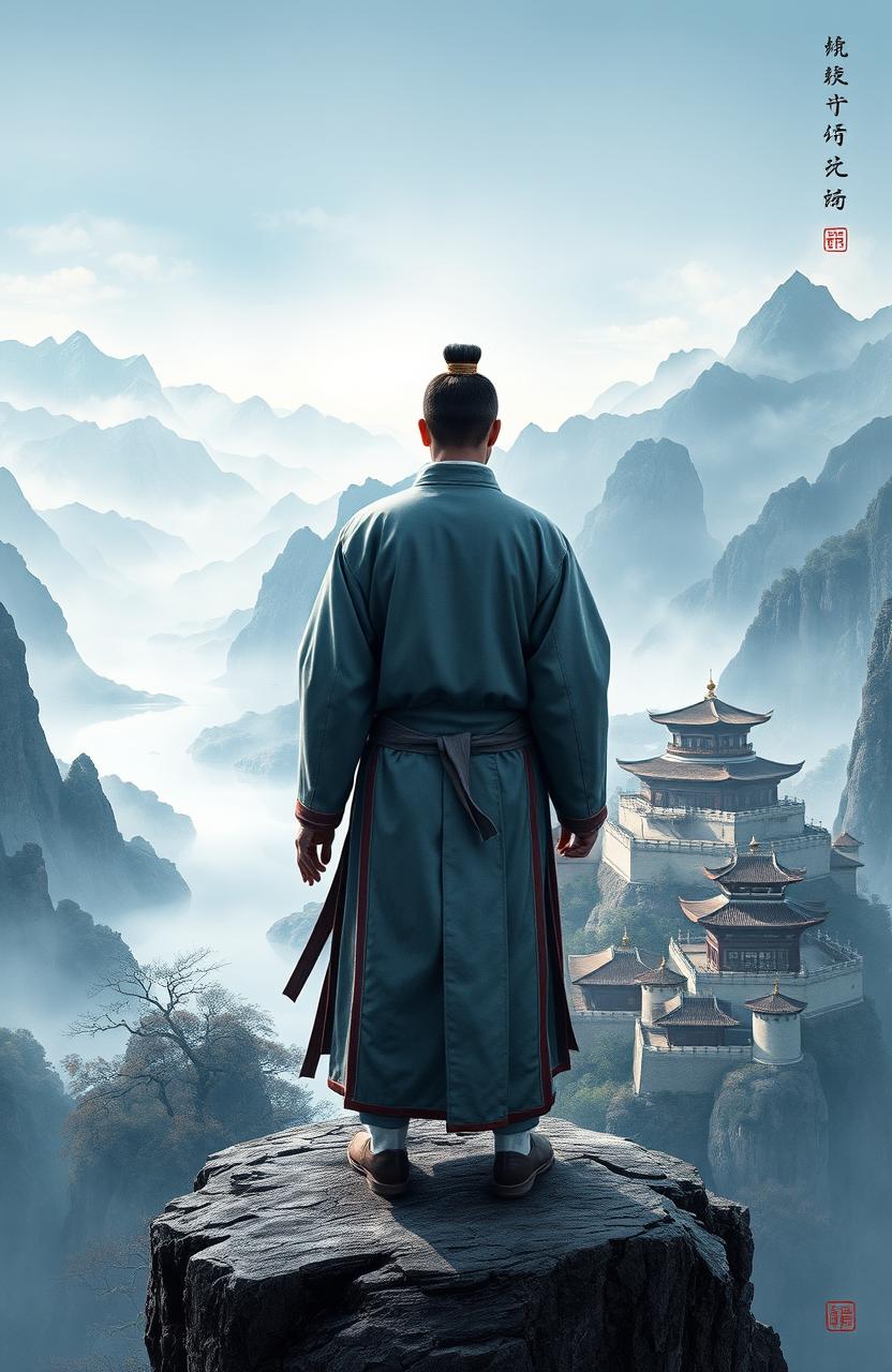 A male figure dressed in Ming Dynasty attire stands at the edge of a cliff, facing away from the viewer, gazing at the vastness of the landscape below, which appears remarkably small