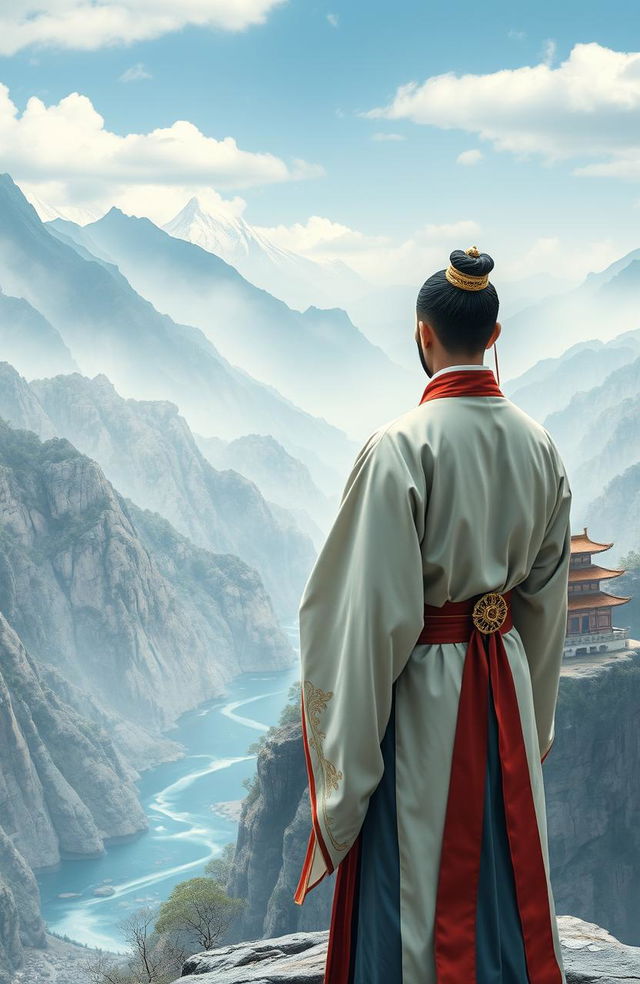 A male figure dressed in Ming Dynasty attire stands at the edge of a cliff, facing away from the viewer, gazing at the vastness of the landscape below, which appears remarkably small