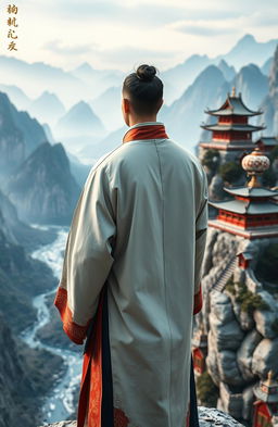 A male figure dressed in Ming Dynasty attire stands at the edge of a cliff, facing away from the viewer, gazing at the vastness of the landscape below, which appears remarkably small