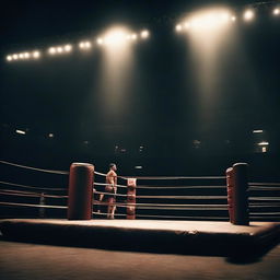 A dimly lit, atmospheric boxing ring in the center of an arena, the stark contrast of the ring's glow against the darkened audiences creating a dramatic scene