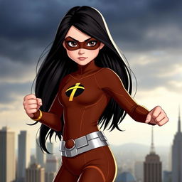 A girl wearing an Elastigirl-inspired costume, featuring a brown bodysuit that hugs her figure, accentuated with a silver belt and bold details typical of superhero attire