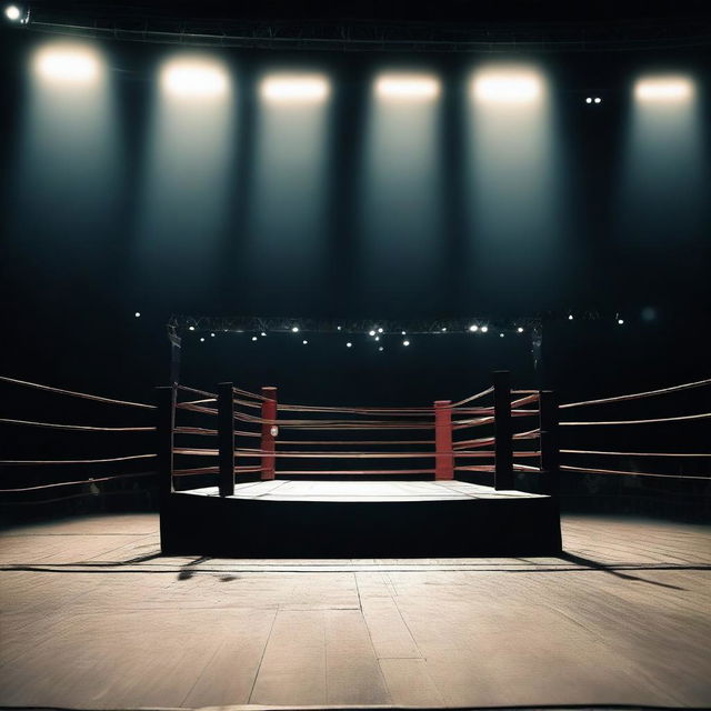 A dimly lit, atmospheric boxing ring in the center of an arena, the stark contrast of the ring's glow against the darkened audiences creating a dramatic scene