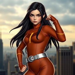 A girl wearing an Elastigirl-inspired costume, featuring a brown bodysuit that hugs her figure, accentuated with a silver belt and bold details typical of superhero attire