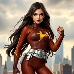 A girl wearing an Elastigirl-inspired costume, featuring a brown bodysuit that hugs her figure, accentuated with a silver belt and bold details typical of superhero attire