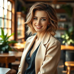 A stunningly attractive short Estonian woman with captivating features, dressed elegantly in a stylish outfit that accentuates her unique charm