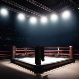 A dimly lit, atmospheric boxing ring in the center of an arena, the stark contrast of the ring's glow against the darkened audiences creating a dramatic scene