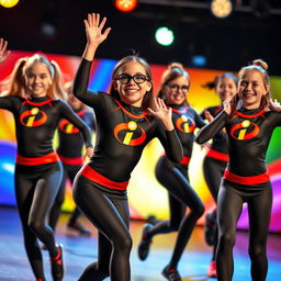 A vibrant, energetic scene featuring several girls wearing Elastigirl-inspired dance costumes from Incredibles 3