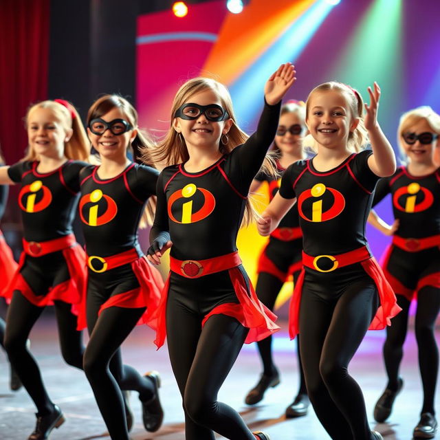 A vibrant, energetic scene featuring several girls wearing Elastigirl-inspired dance costumes from Incredibles 3