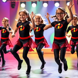 A vibrant, energetic scene featuring several girls wearing Elastigirl-inspired dance costumes from Incredibles 3