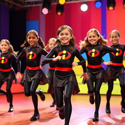 A vibrant, energetic scene featuring several girls wearing Elastigirl-inspired dance costumes from Incredibles 3